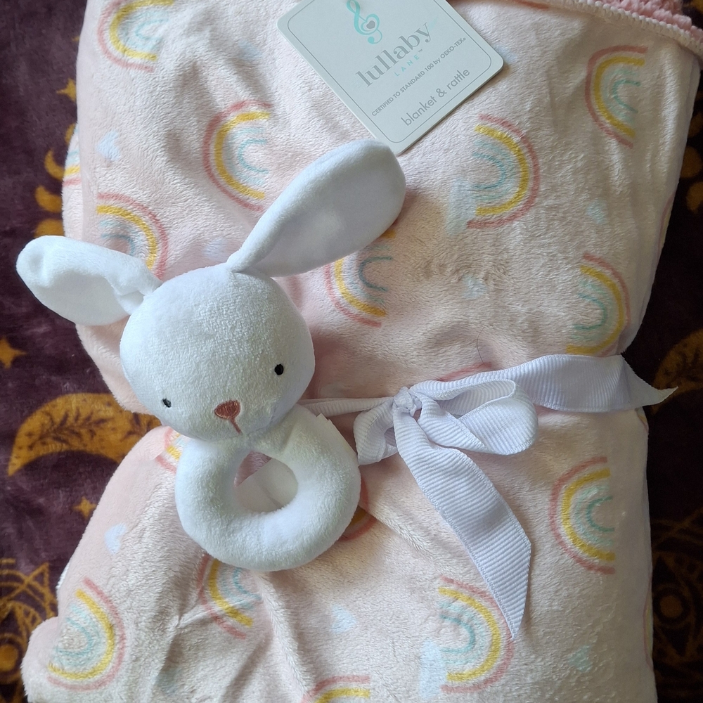 Pink Baby Blanket with Bunny Rattle